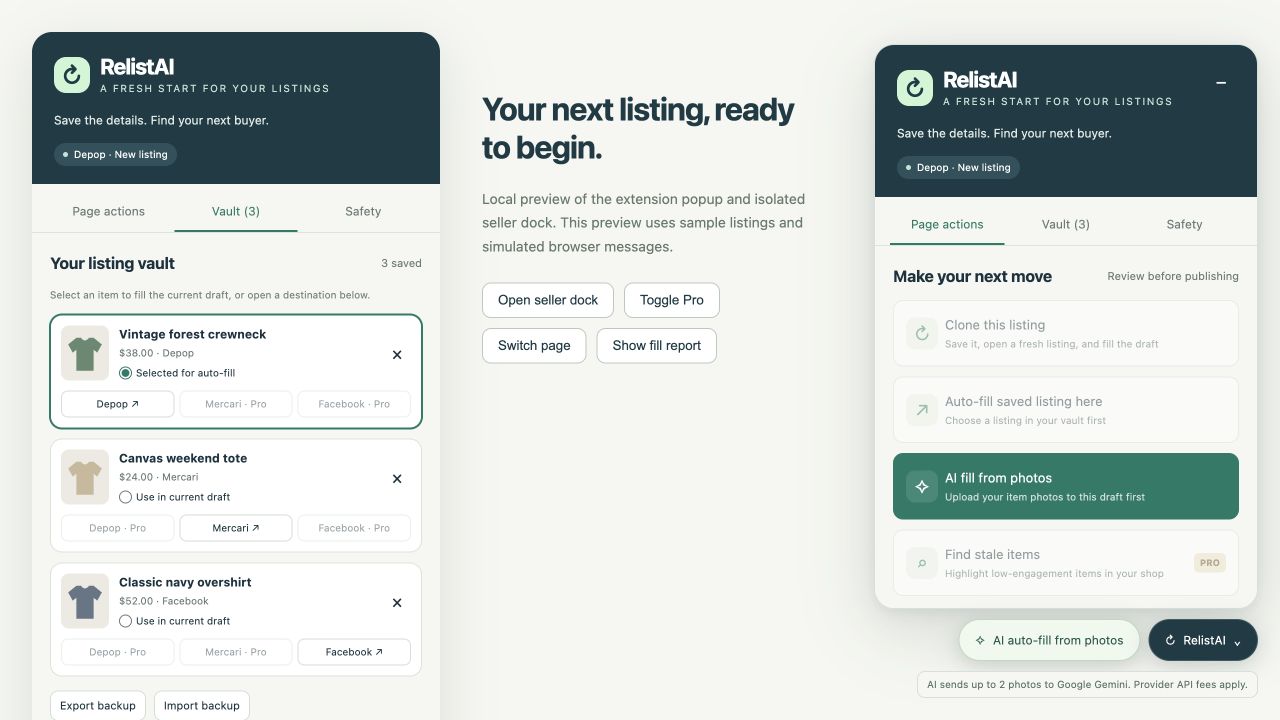 Sample RelistAI interface showing a local listing vault and the seller dock with editable draft actions.